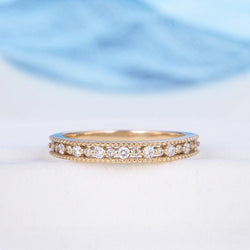 Vintage Art Deco Unique Yellow Gold Milgrain Half Eternity Moissanite Wedding Band - JBR Jeweler