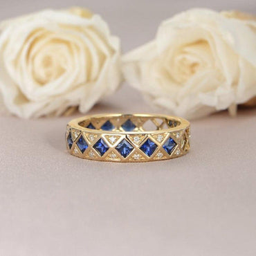 Vintage Princess Cut Sapphire Diamond Wedding Band - JBR Jeweler
