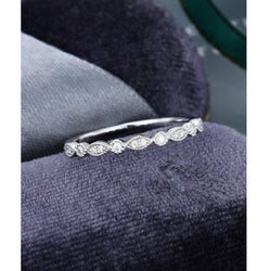 Vintage Unique Milgrain White Gold Stacking Matching Half eternity Moissanite Wedding Band - JBR Jeweler