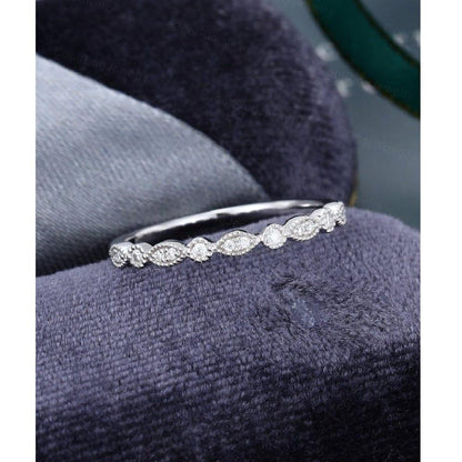 Vintage Unique Milgrain White Gold Stacking Matching Half eternity Moissanite Wedding Band - JBR Jeweler