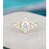 Vintage Yellow Gold Unique Halo Flower Round Cut Wedding Moissanite Engagement Ring - JBR Jeweler