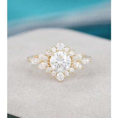 Vintage Yellow Gold Unique Halo Flower Round Cut Wedding Moissanite Engagement Ring - JBR Jeweler