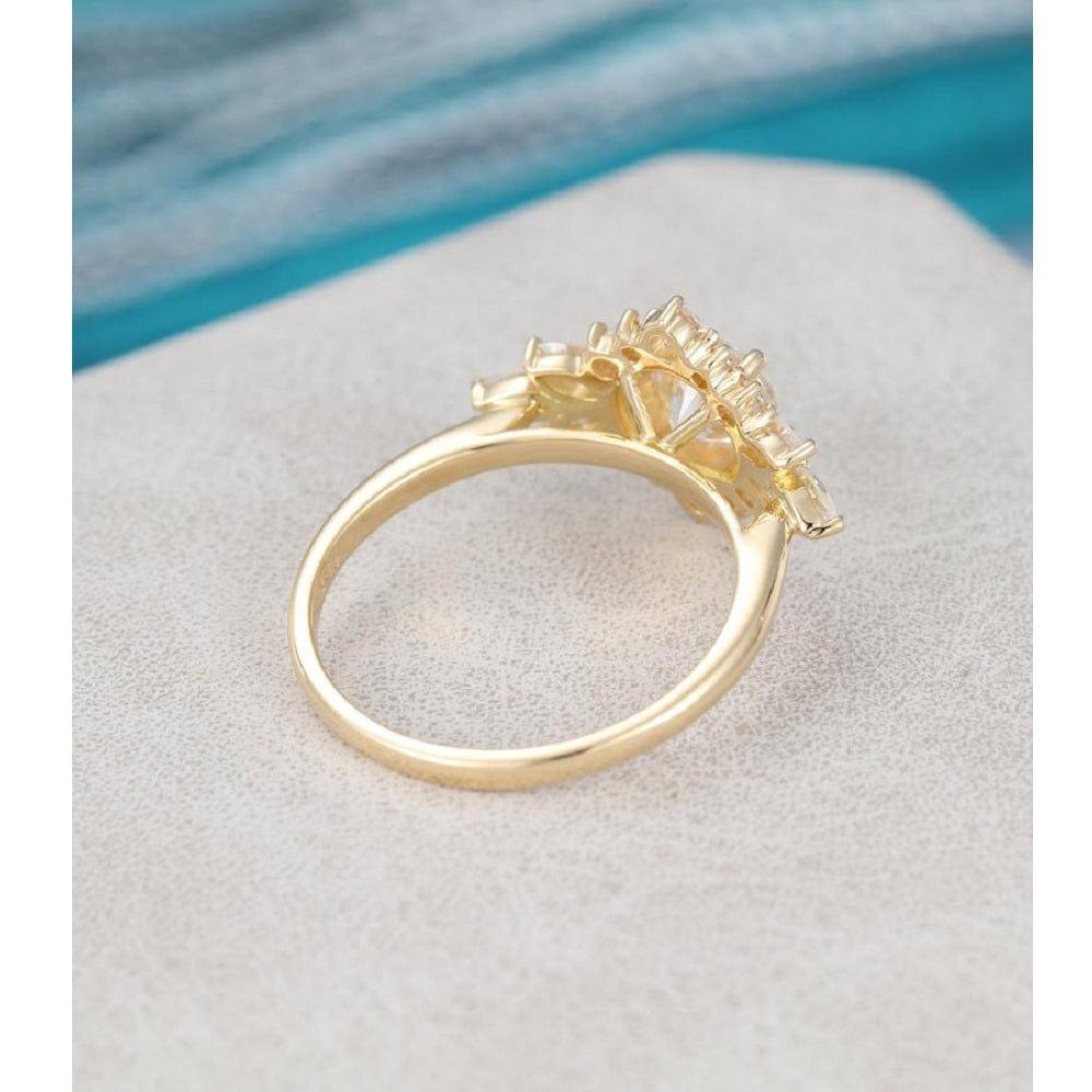 Vintage Yellow Gold Unique Halo Flower Round Cut Wedding Moissanite Engagement Ring - JBR Jeweler