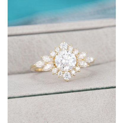 Vintage Yellow Gold Unique Halo Flower Round Cut Wedding Moissanite Engagement Ring - JBR Jeweler